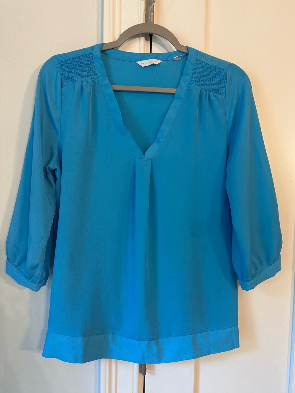 New York & Company Turquoise V-Neck Smocked Shoulder Blouse